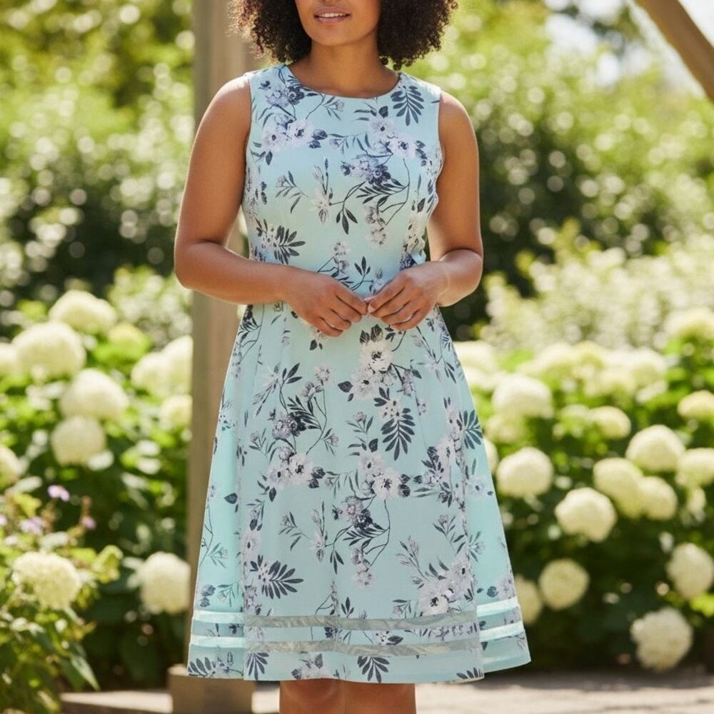 Calvin Klein Floral Aqua Blue Dress Sz 18 Fit Flare Fully lined Princess Seams
